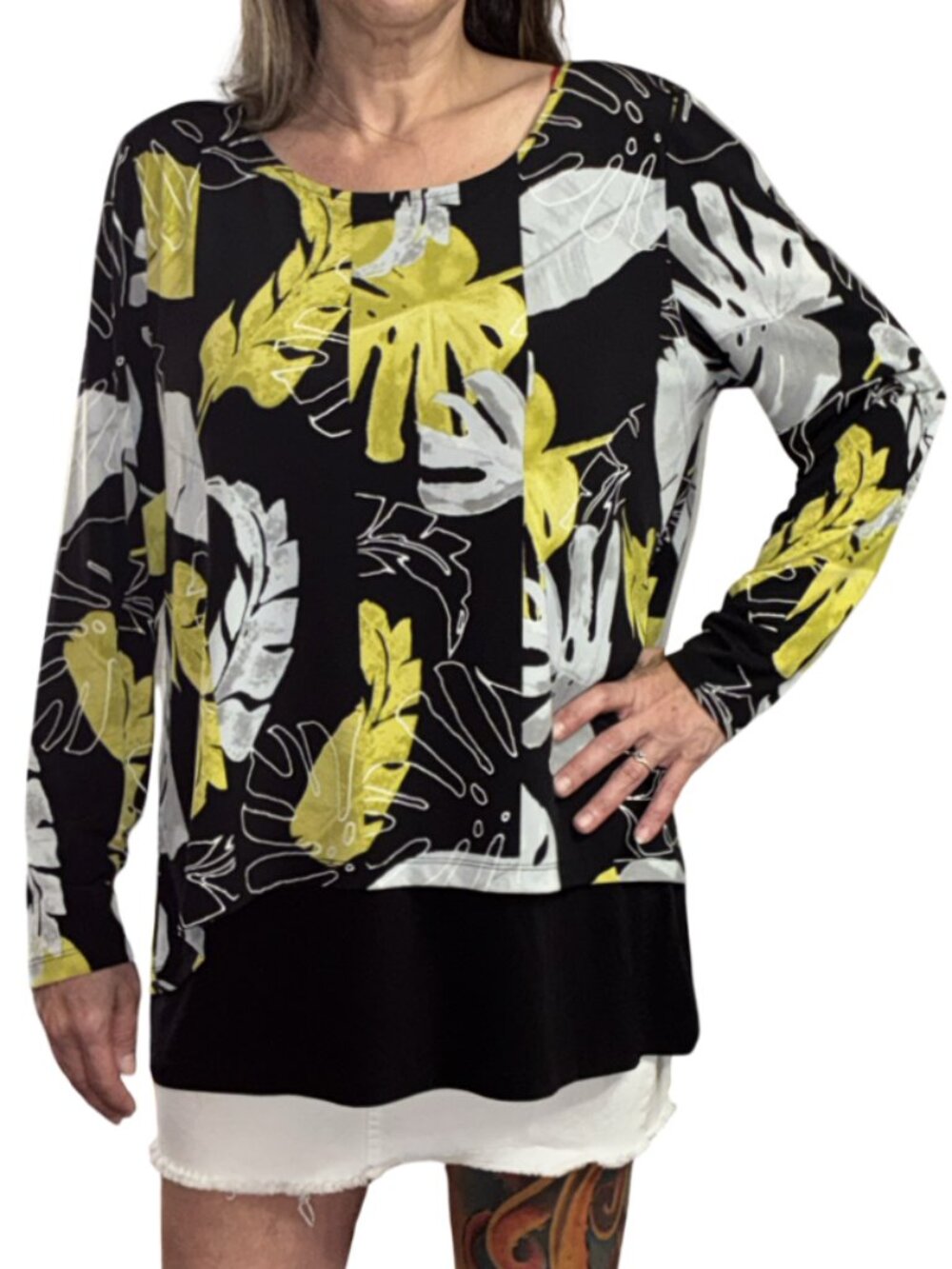 Sz.XL*Alfani*Black/Yellow/White Abstract-Print Long Sleeve Tunic Blouse